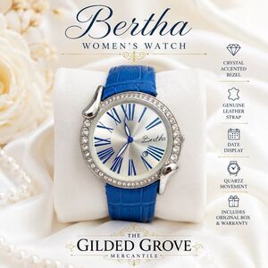 Bertha Womens Crystal Bezel Watch Blue Leather Strap Silver Dial Date New Batt